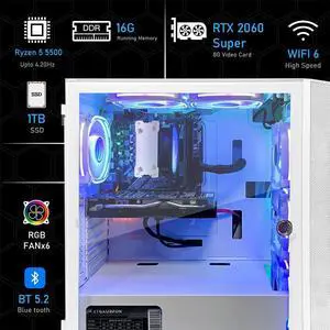 STGAubron Gaming PC Computer Desktop, AMD Ryzen 5 5500 up to 4.2GHz, GeForce RTX 2060 Super 8G,16GB DDR4 RAM, 1TB SSD, WiFi 6 5G Supported & BT 5.2, RGB Fan x6, Windows 11 Home